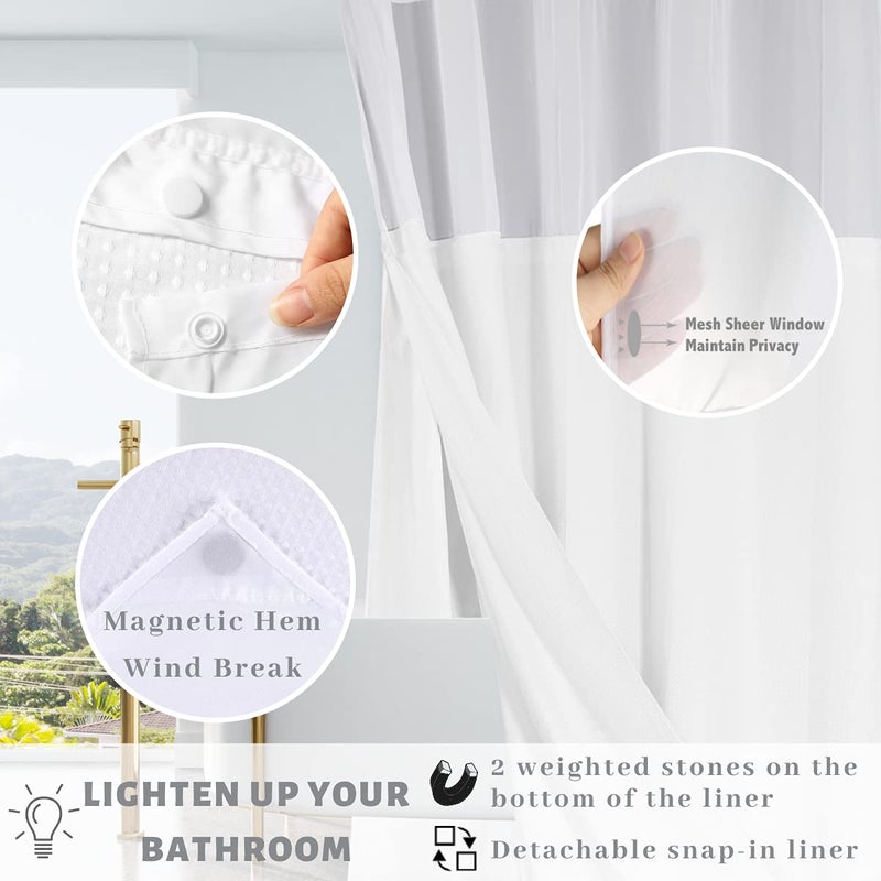Ecoehoe 71x74 White Waffle Weave Fabric No Hooks Shower Curtain with Removable Polyester Liner - Heavy Duty Bath Curtain with See Through Top Machine Washable - Image 4